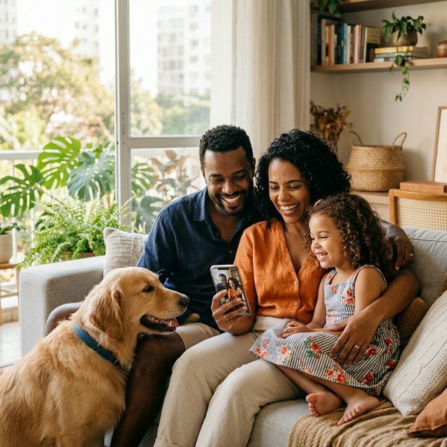 Família feliz usando telemedicina pelo celular